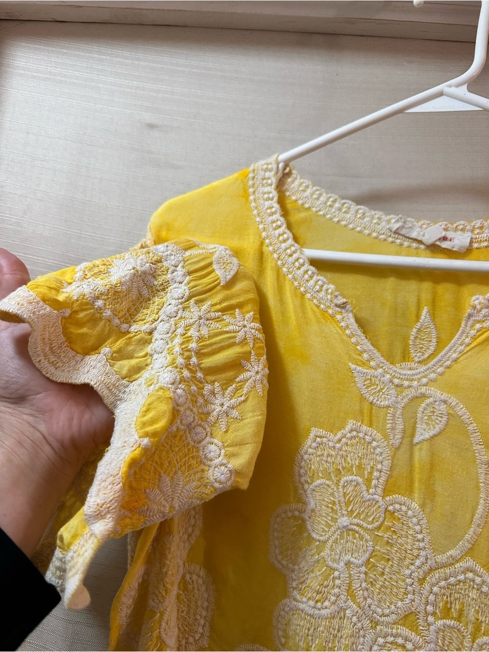Solitaire Yellow Embroidered Floral Boho Rayon Blouse Cutwork Top Medium - Picture 2 of 9